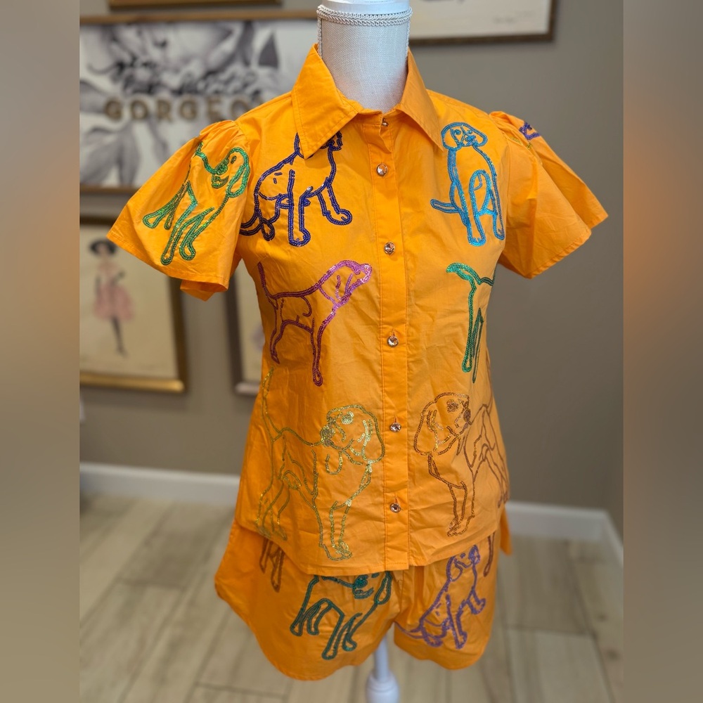 QUEEN OF SPARKLES Orange Sequin Dog Print Shirt and Shorts Set - Picture 3 of 13